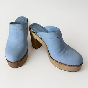 Kimberly Whitman Antonio Melani US7 Blue Soft Suede Leather Wood Clog Mule Heel